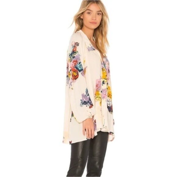Free People meadow lark Floral Print Button-Down long sleeve Tunic top XS - Picture 2 of 10